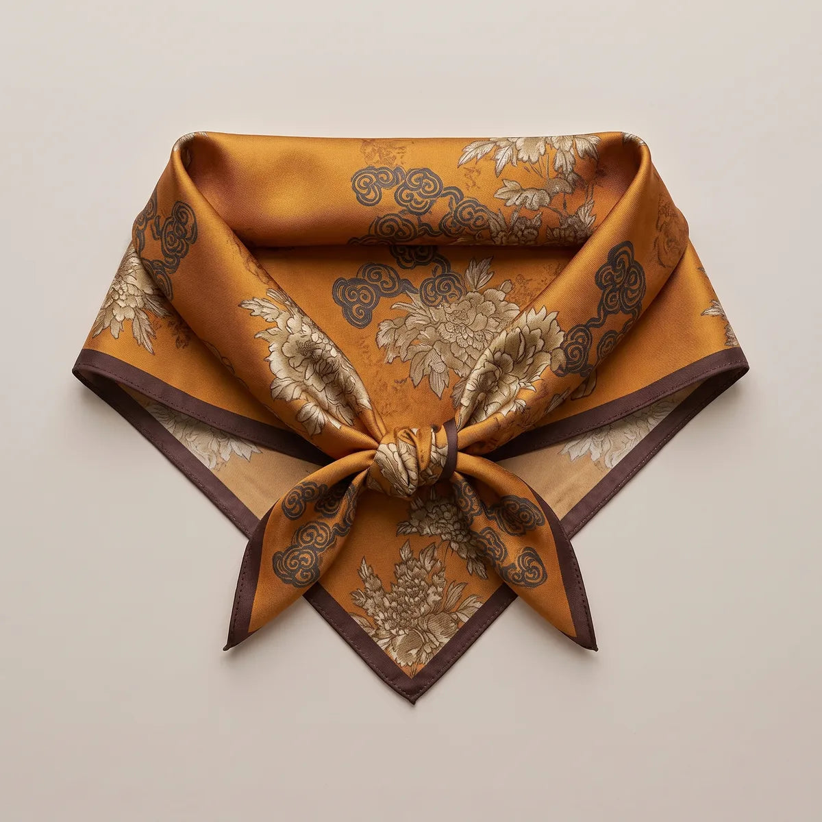Mustard floral square arranged as a knotted neckerchief shape, brown edge running along both sides