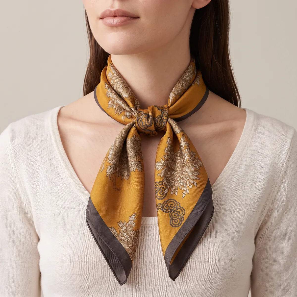 Woman wearing a mustard floral silk scarf knotted at the throat, two tails hanging over a cream sweater