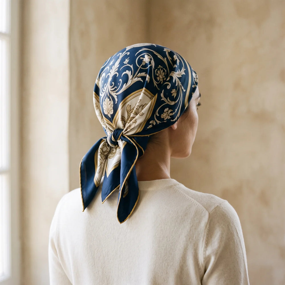 Navy and gold botanical silk head scarf tied at the nape