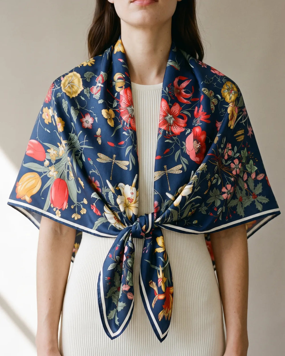 Navy botanical floral silk shawl draped over the shoulders and knotted at the front