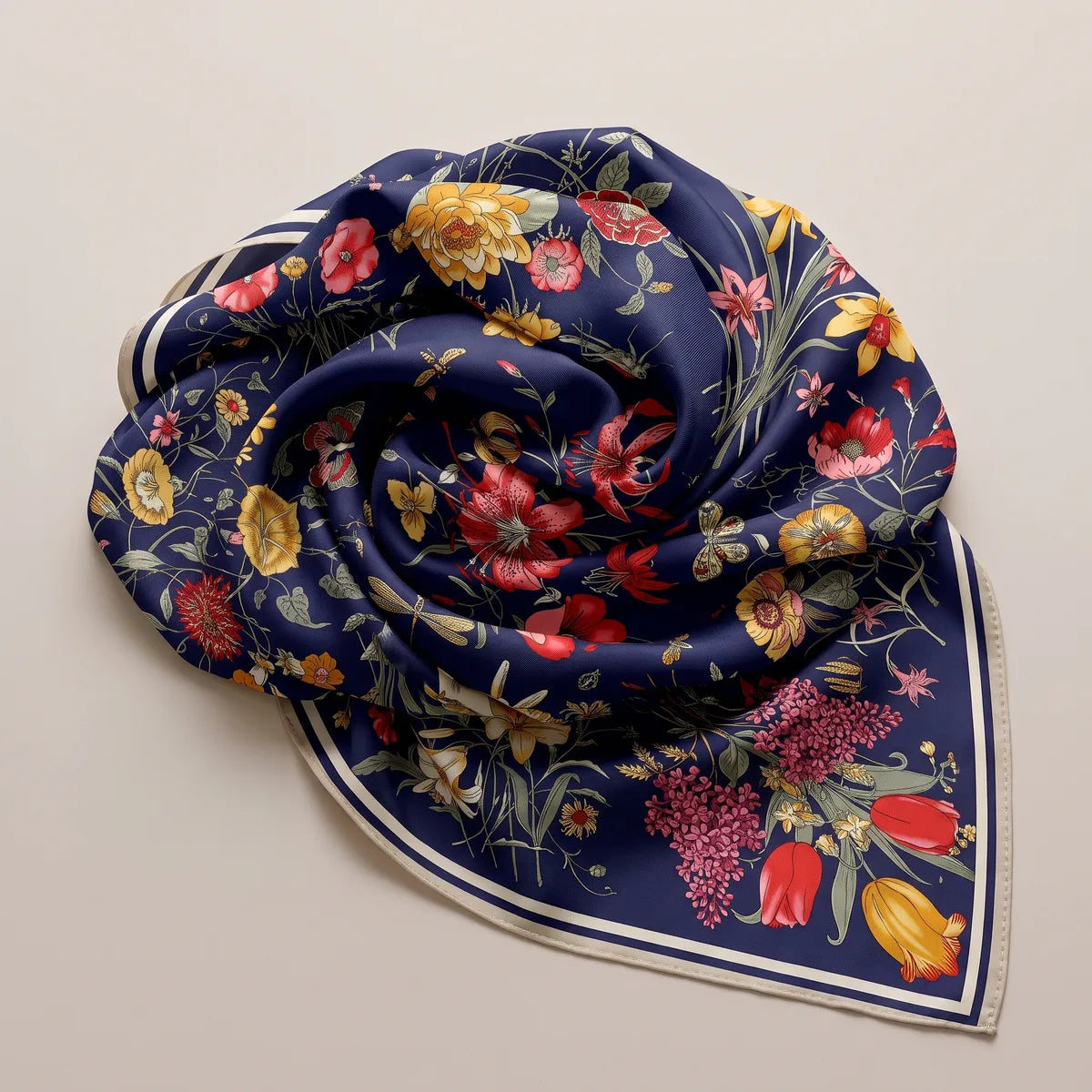 Navy floral shawl twisted into a rose, lilac flowers and red poppies around the center