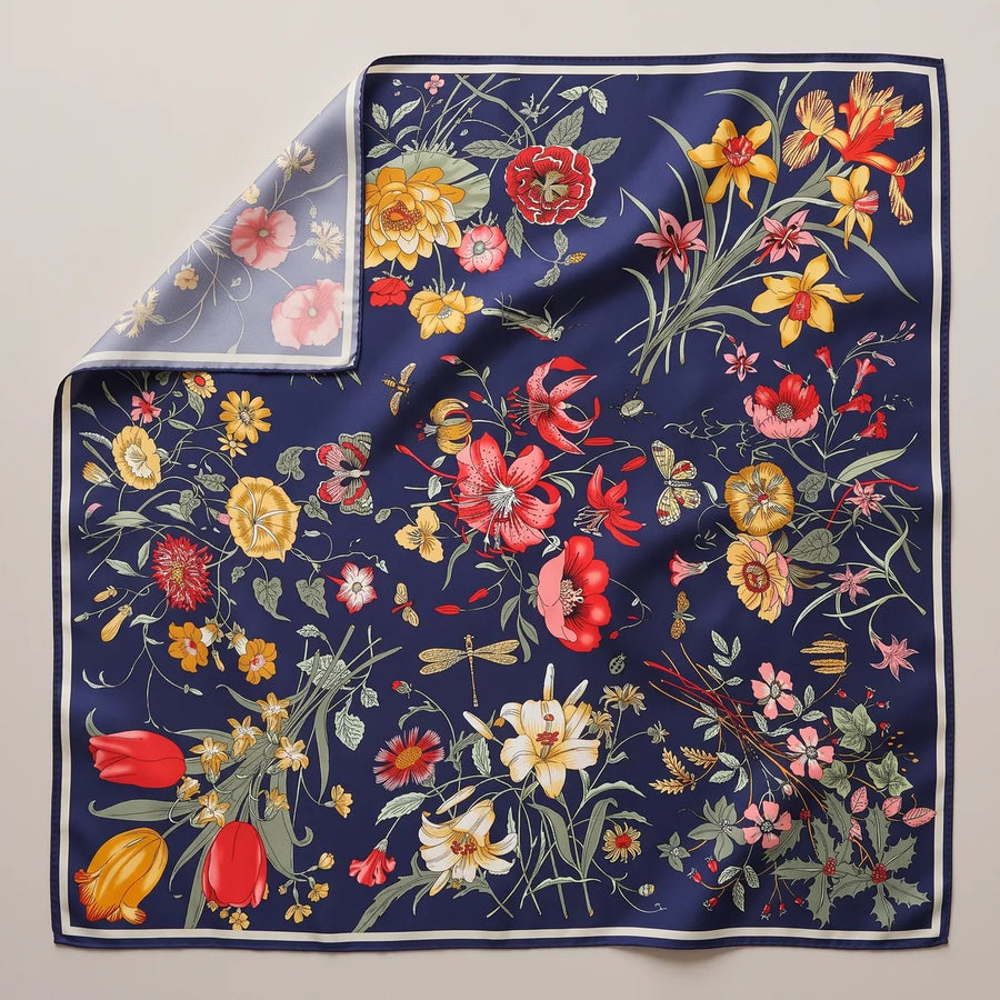 Navy Botanical Floral Silk Shawl Spring Bouquet