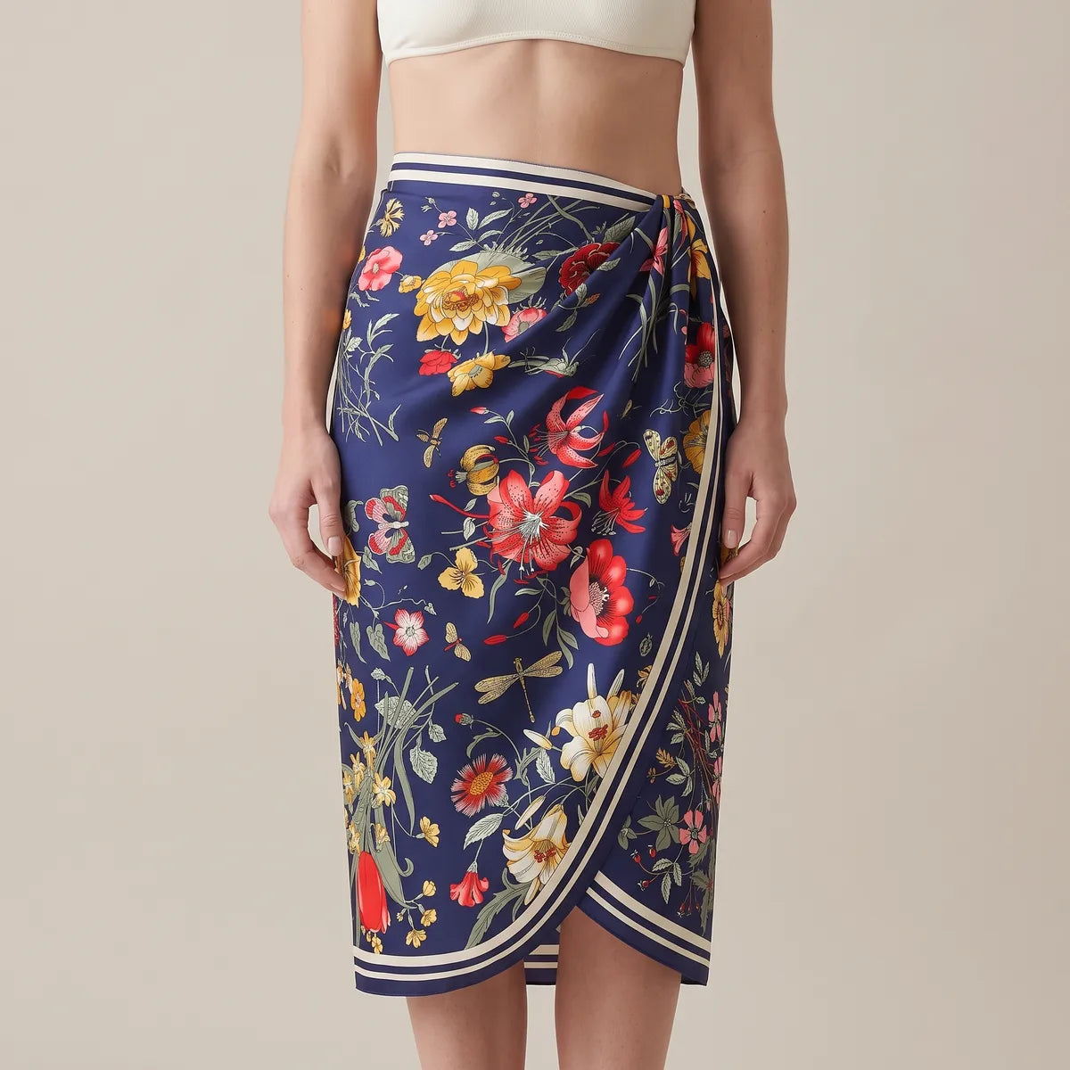 Navy floral silk shawl wrapped at the waist as a sarong, the cream edge down the overlap