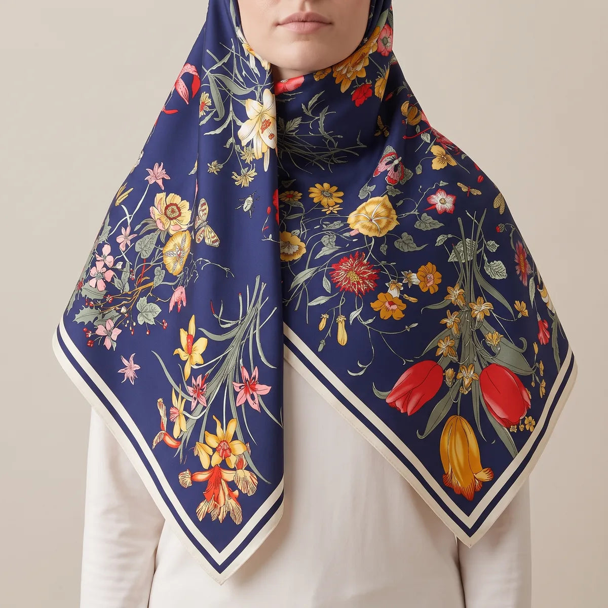 Navy floral shawl drawn over the head as a hood and falling open over a white top