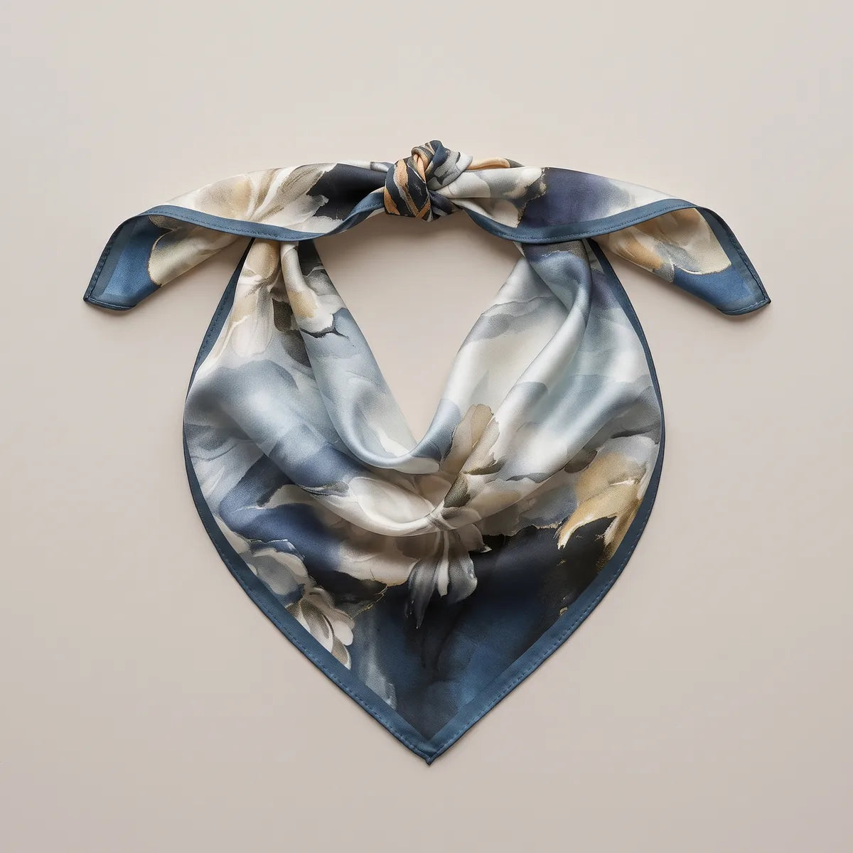 Navy and cream flower bandana knotted at the top and arranged flat, the painted blooms hanging in a V