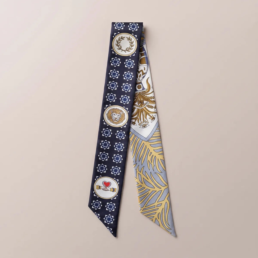 Navy Medallion Print Skinny Silk Scarf Lion Medals
