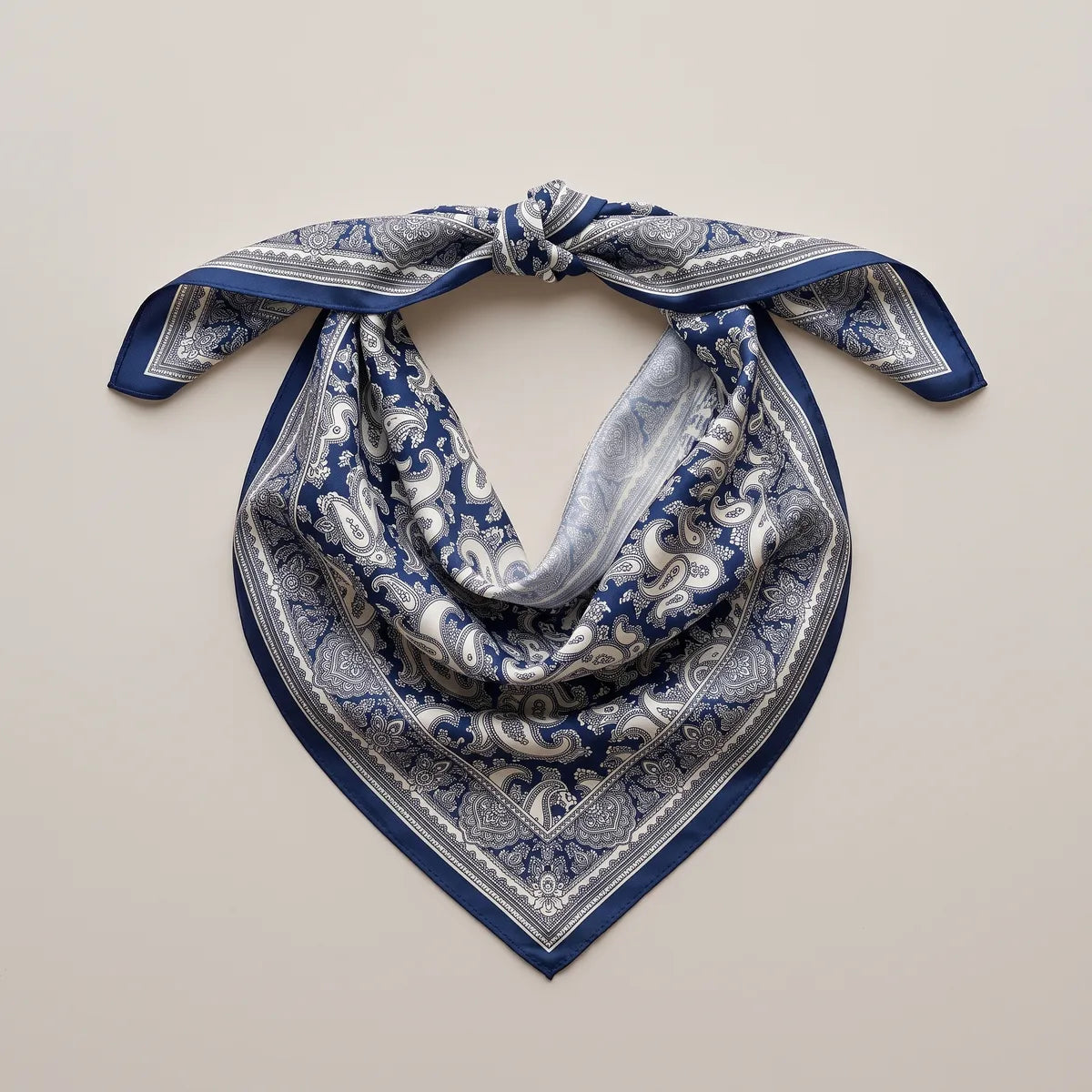 Navy paisley bandana scarf knotted into a loop and laid flat, the pale blue underside showing inside the fold