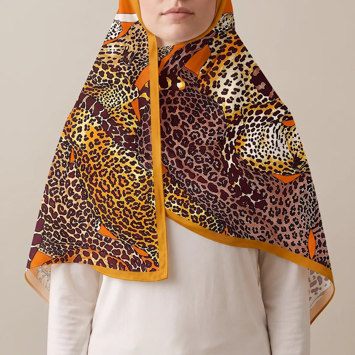 Orange leopard shawl worn over the head as a hood, orange border framing the face and falling open