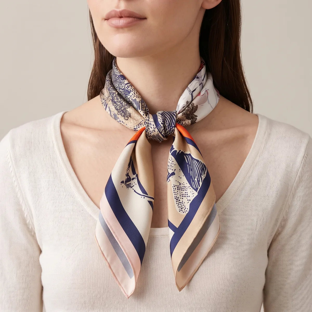 Color-block horse square knotted at the throat, navy, orange and pink bands on the tips
