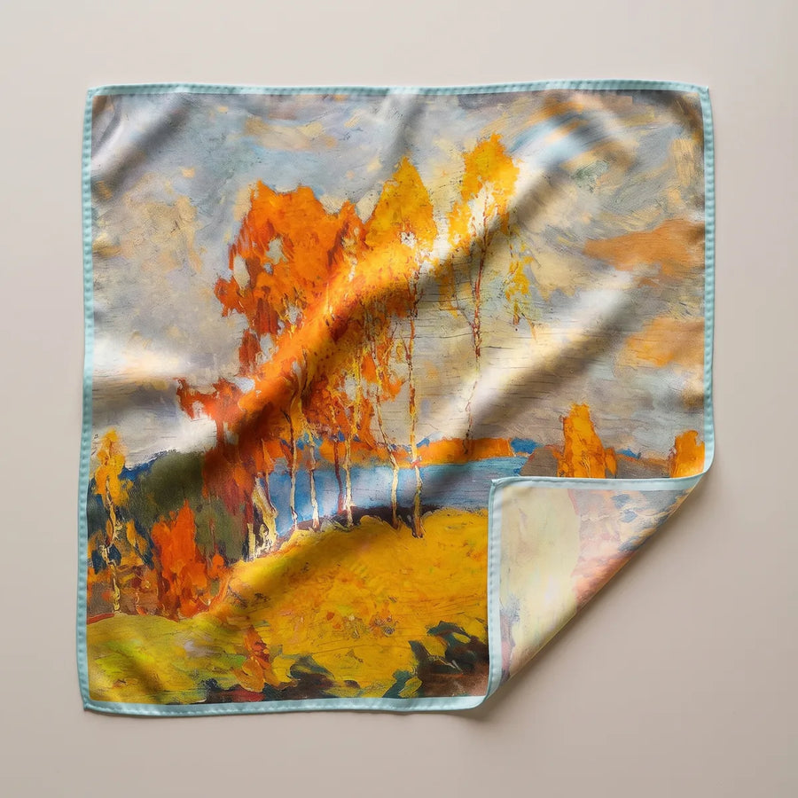 Orange Autumn Landscape Silk Square Scarf Autumn River