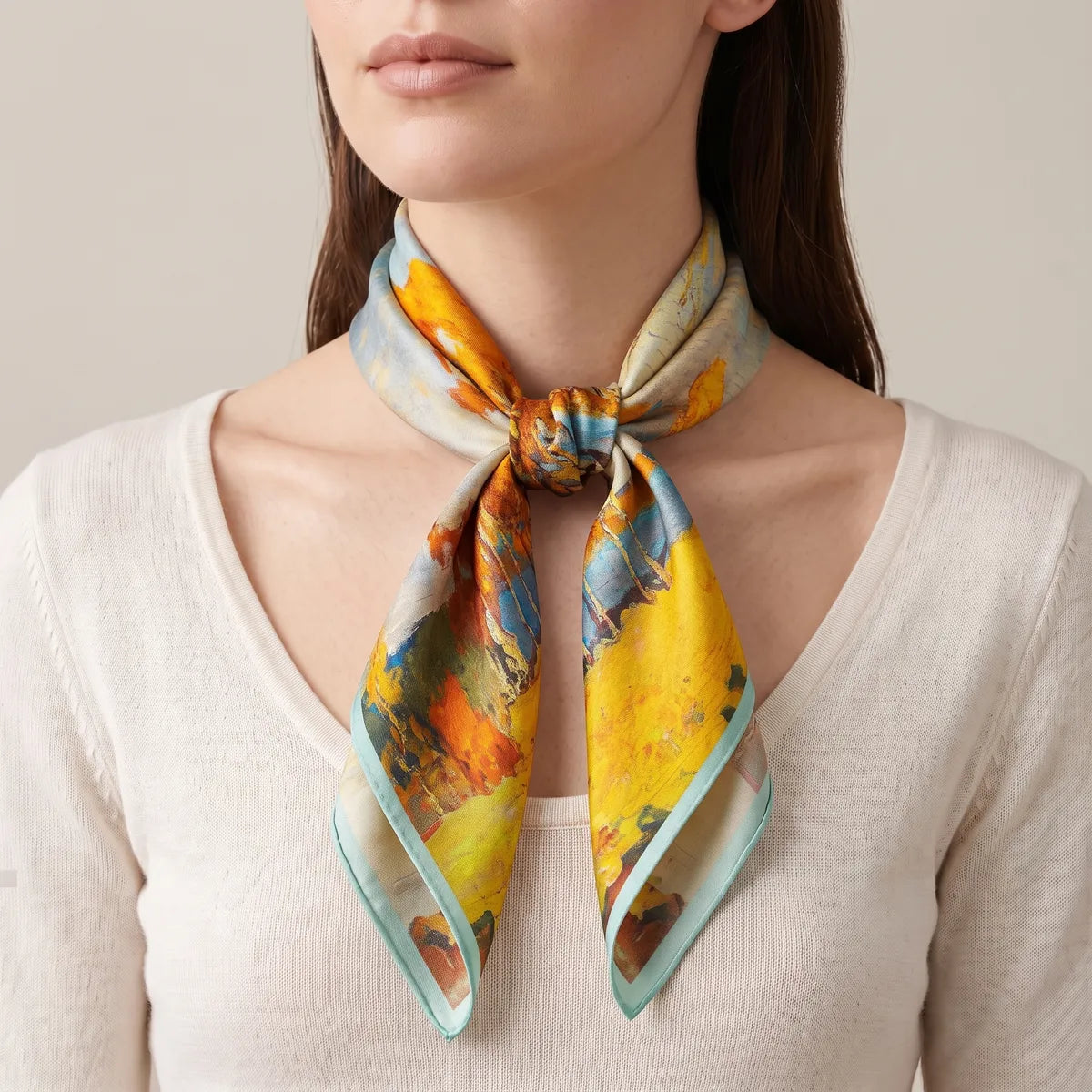 Painted autumn square knotted at the throat, the yellow field on both tails