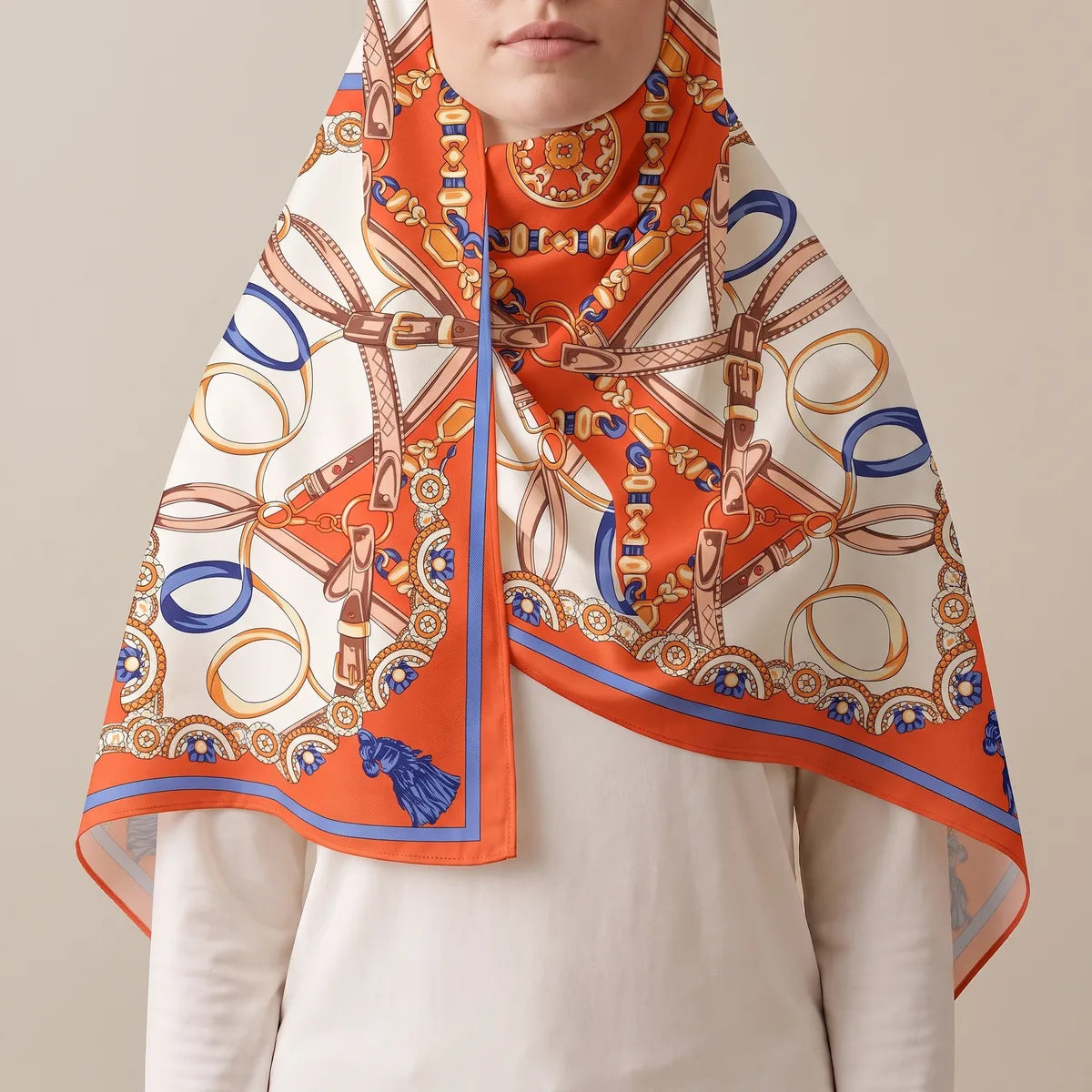 Orange and cream silk shawl pulled over the head like a hood, falling open down the front over a white top