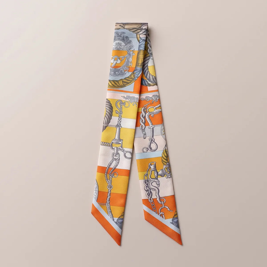 Orange Chain Print Skinny Silk Scarf Chain Bands