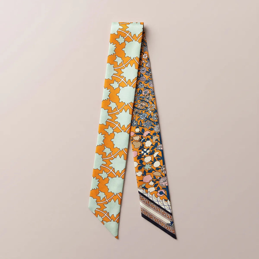 Orange Floral Skinny Silk Scarf Tile Garden
