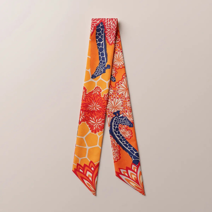 Orange Giraffe Print Skinny Silk Scarf Giraffe Garden