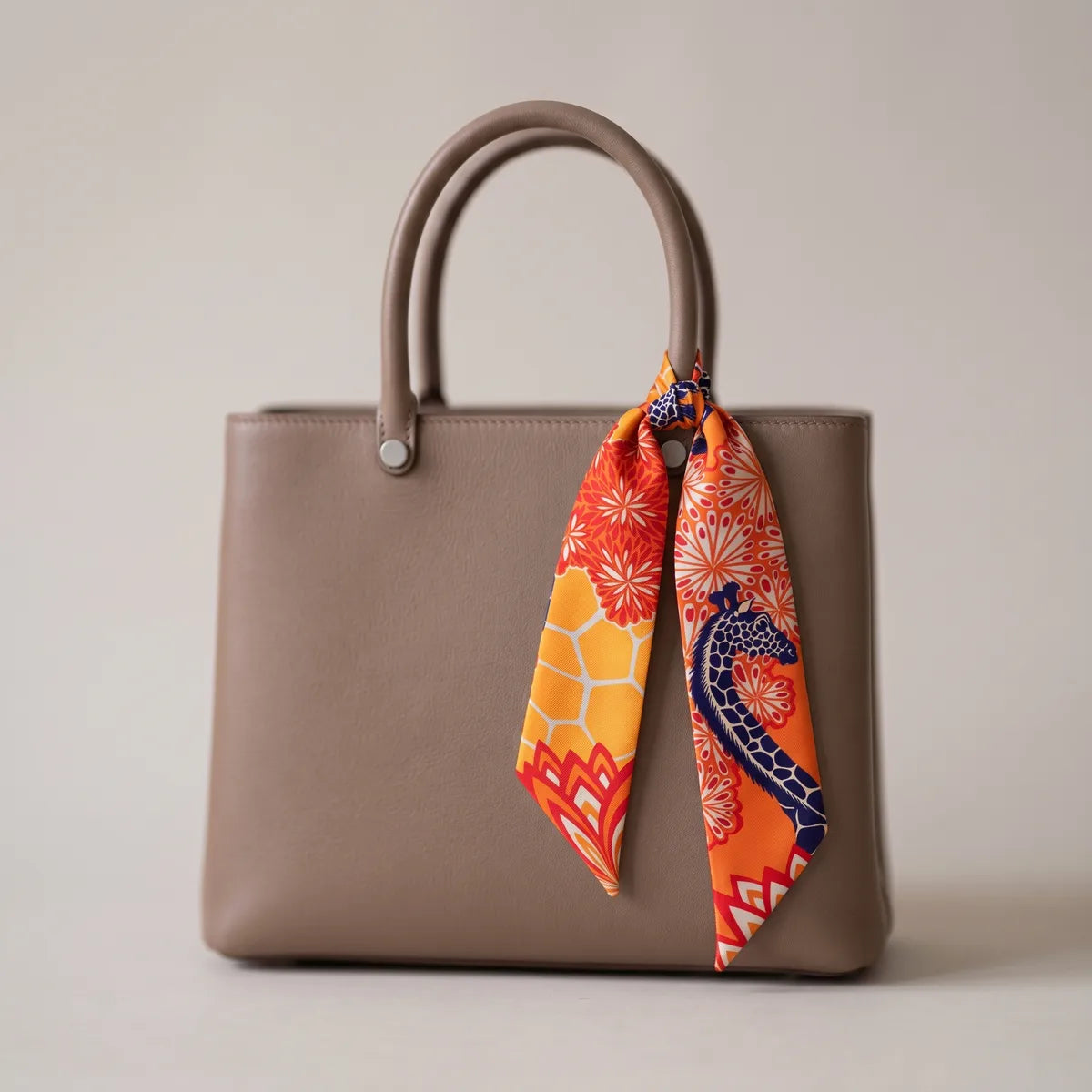 Orange giraffe print skinny silk scarf knotted on a taupe handbag handle