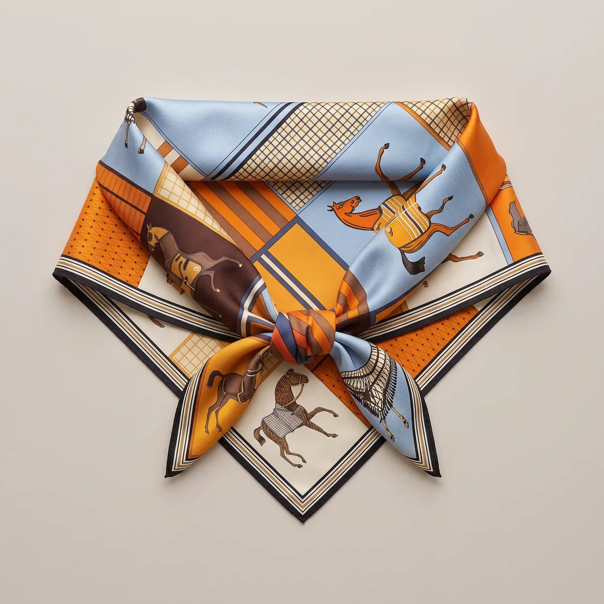 Silk square scarf with a horse patchwork print folded into a triangle and knotted at the center