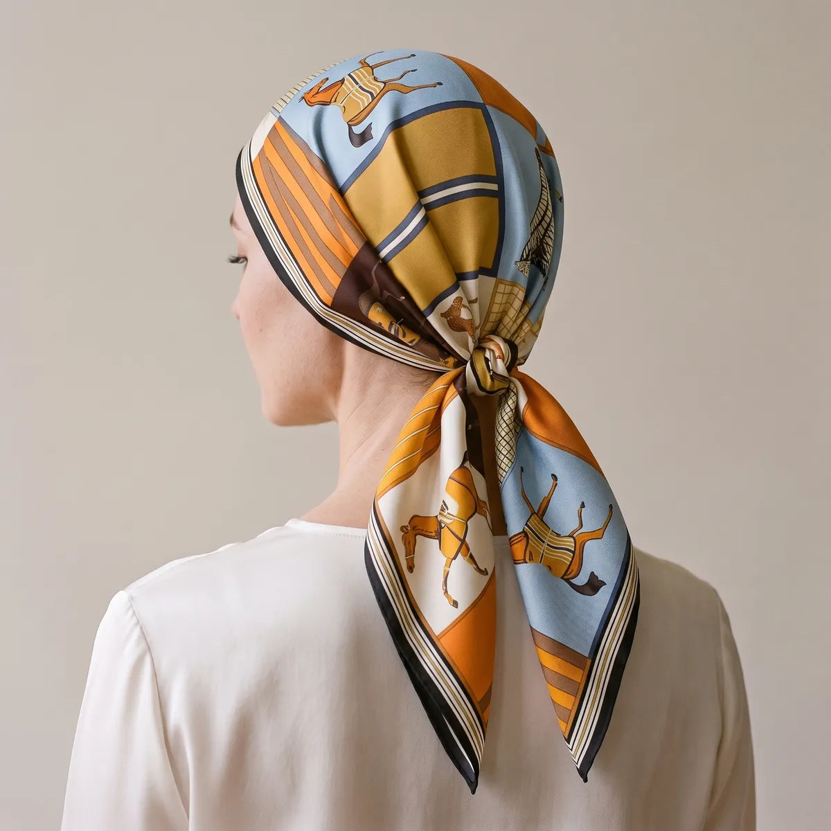 Orange and blue horse print silk scarf worn as a head wrap, knotted at the nape with the ends down the back