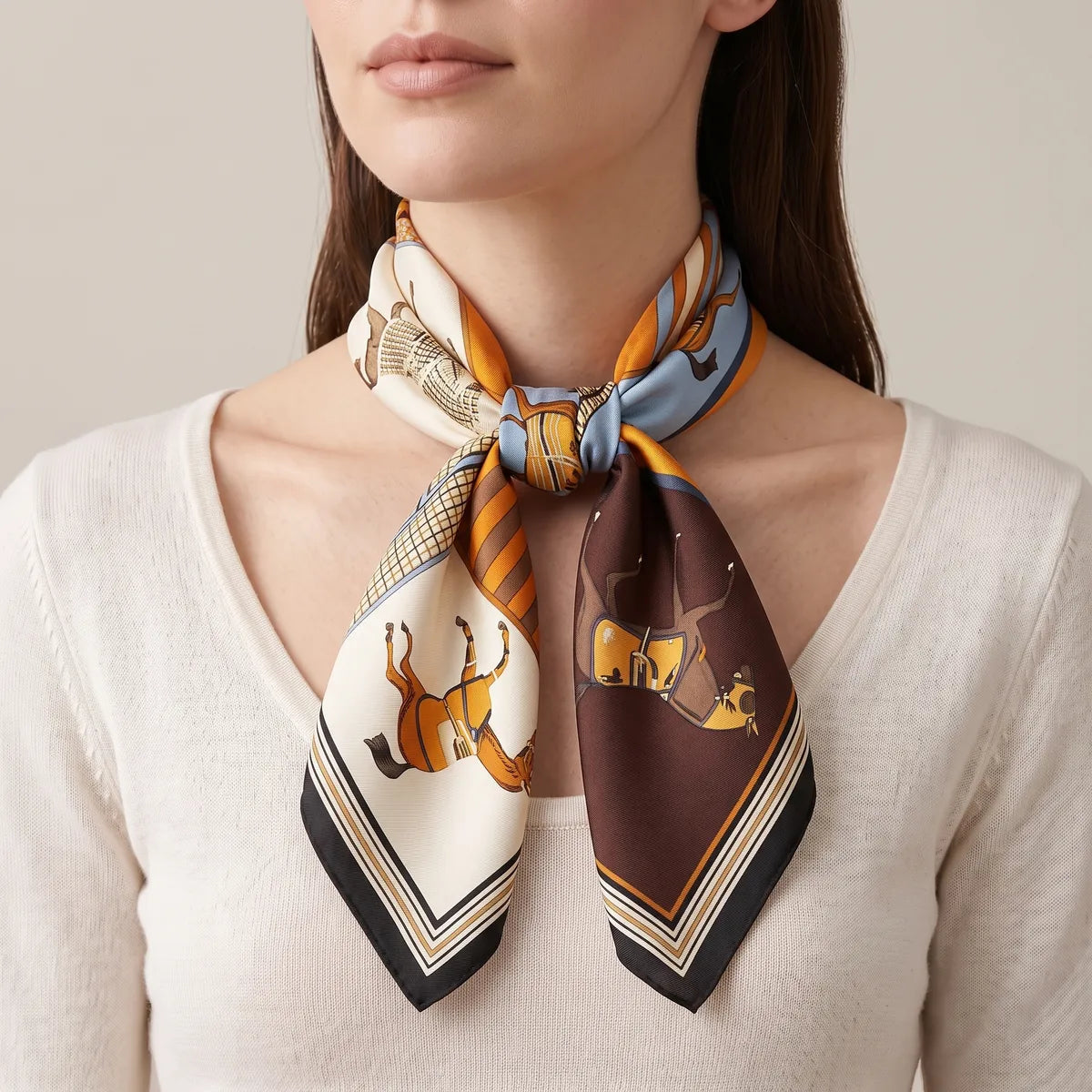 Woman in a cream knit top with an orange horse print silk scarf knotted loosely at the front of her neck
