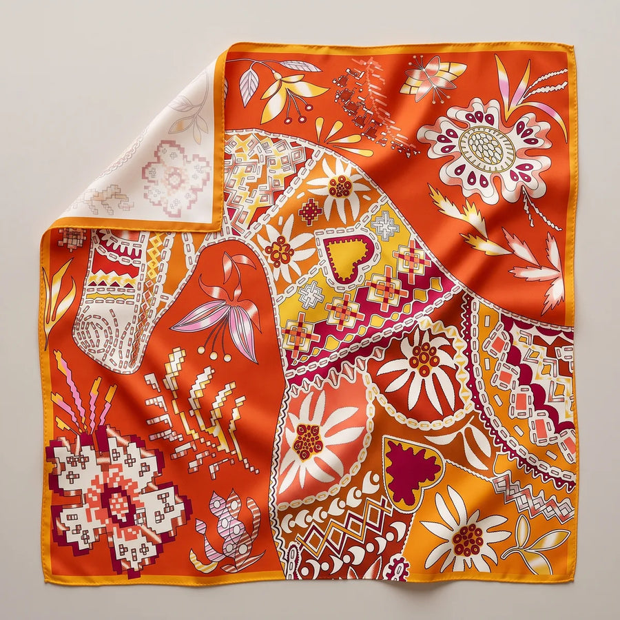 Orange Patchwork Floral Silk Shawl Stitch Garden