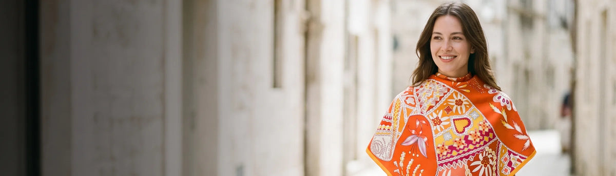 Smiling woman wearing an orange patchwork floral silk shawl over her shoulders in a sunlit street