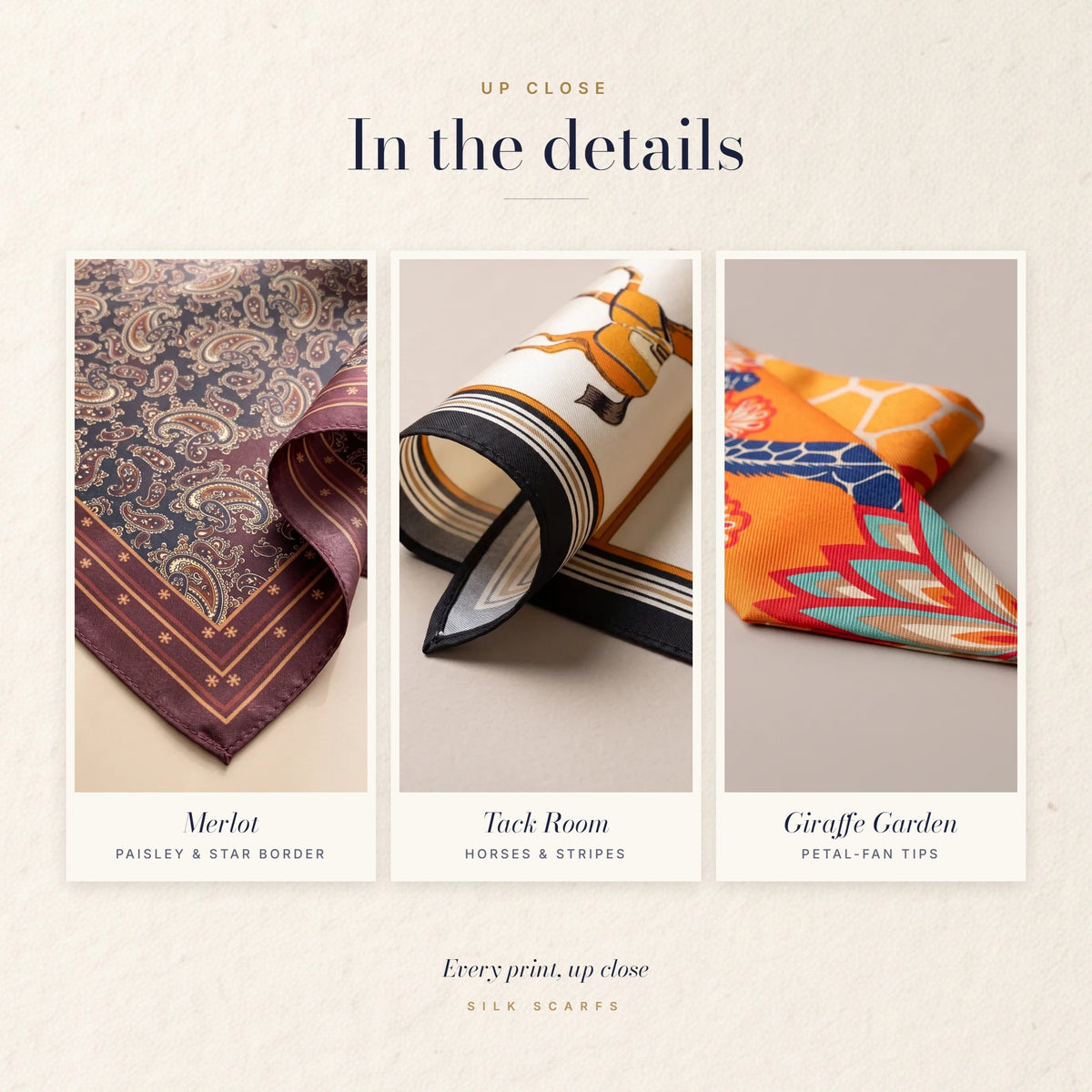 Close-ups of the paisley star border, the horses and stripes, and the petal-fan tip of the giraffe skinny scarf