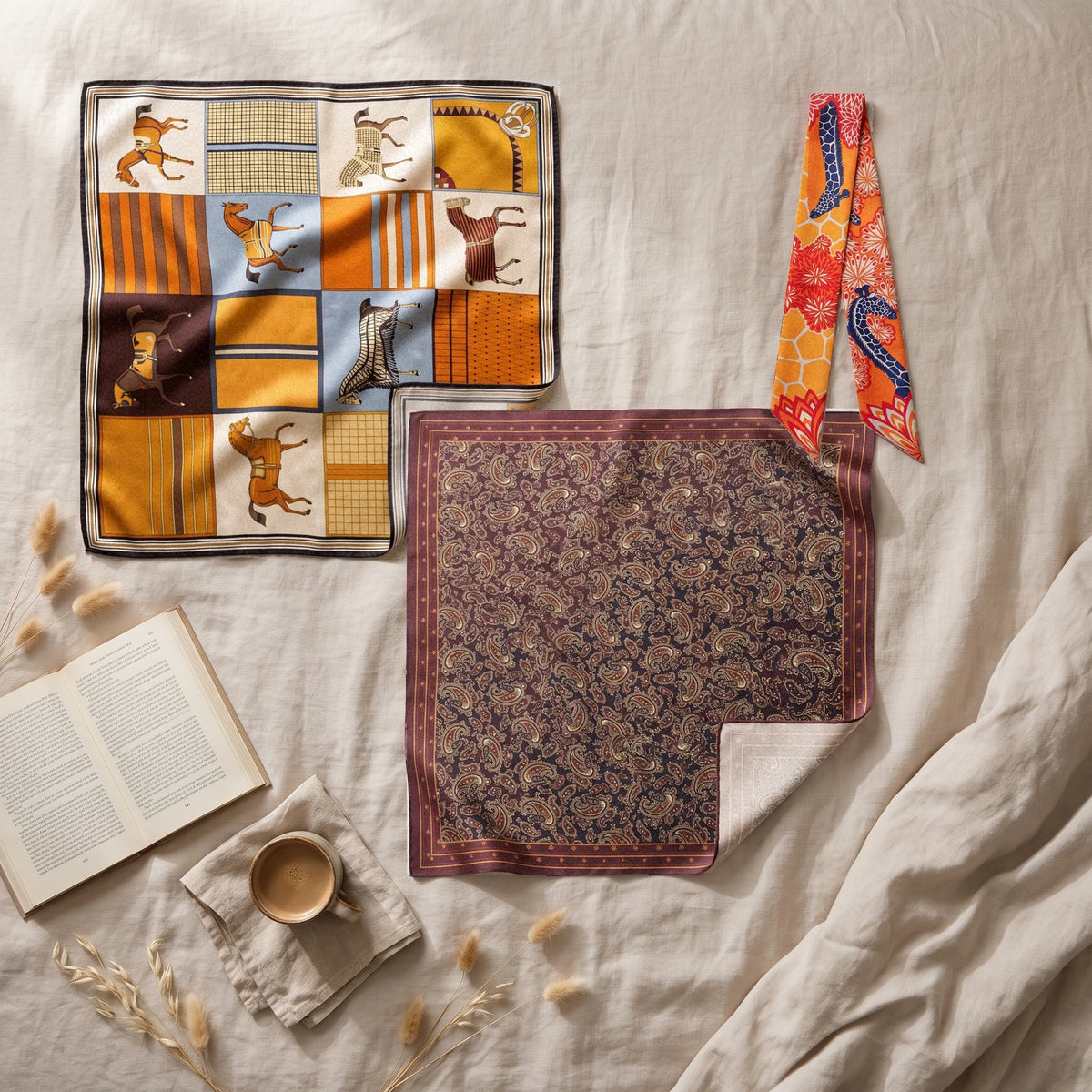 Burgundy paisley bandana, horse print square and orange giraffe skinny scarf laid flat on linen beside a book and a coffee