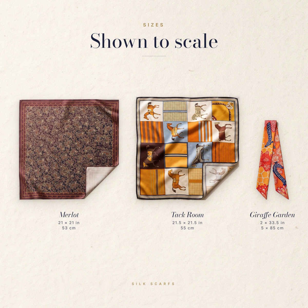 Bandana, square and skinny scarf from the trio shown side by side to scale with their measurements