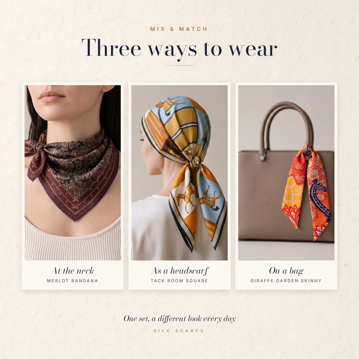 Paisley bandana worn at the neck, horse square as a headscarf and giraffe skinny scarf knotted on a bag