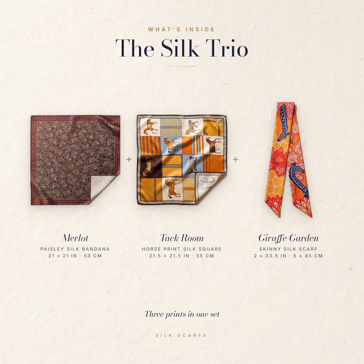 What's inside The Silk Trio: burgundy paisley bandana, horse print square and giraffe skinny scarf, with sizes in inches