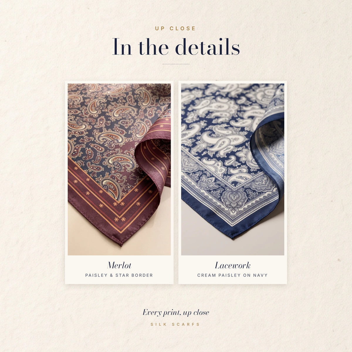 Close-ups of the paisley and star border on burgundy and the cream paisley on navy