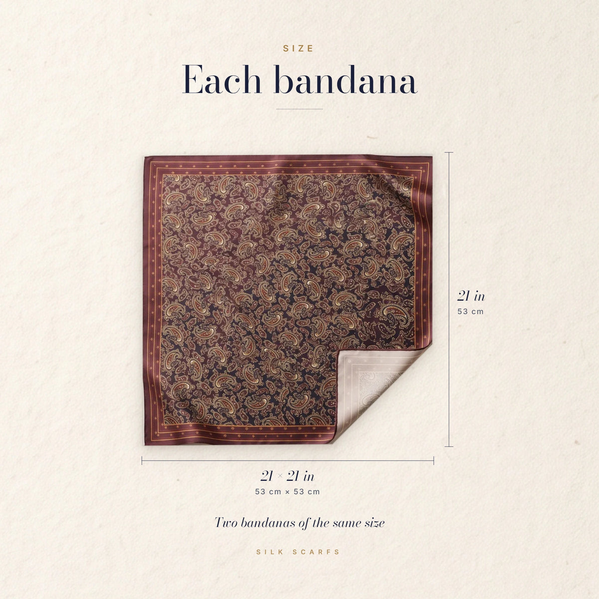 Burgundy paisley silk bandana with its 21 × 21 in (53 × 53 cm) measurements