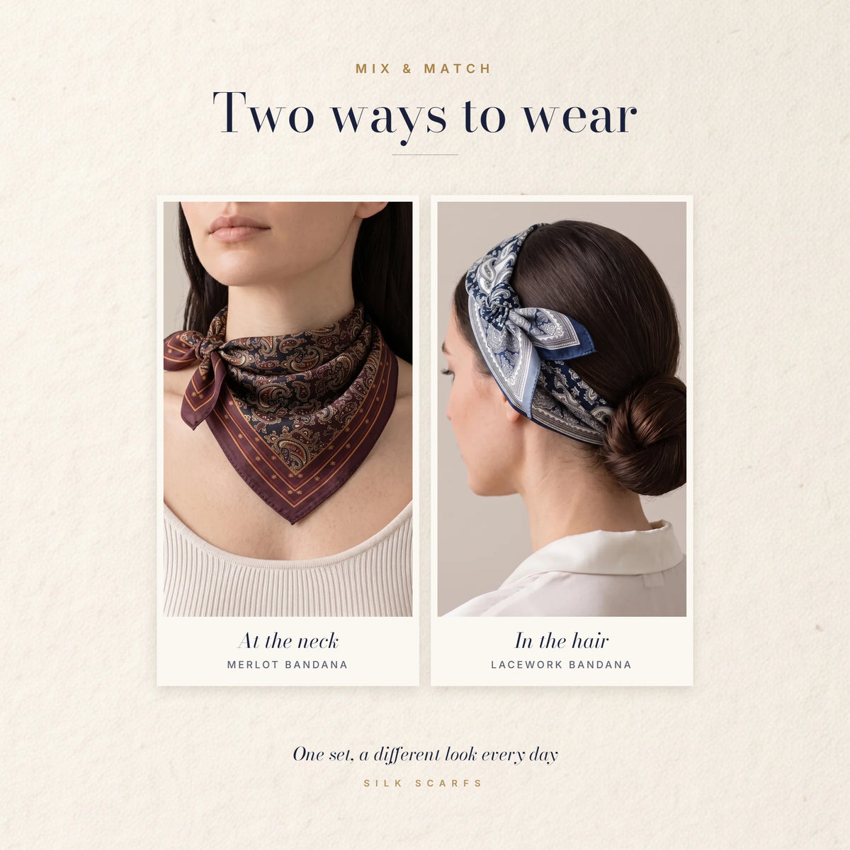 Burgundy paisley bandana worn at the neck and navy paisley bandana tied in the hair