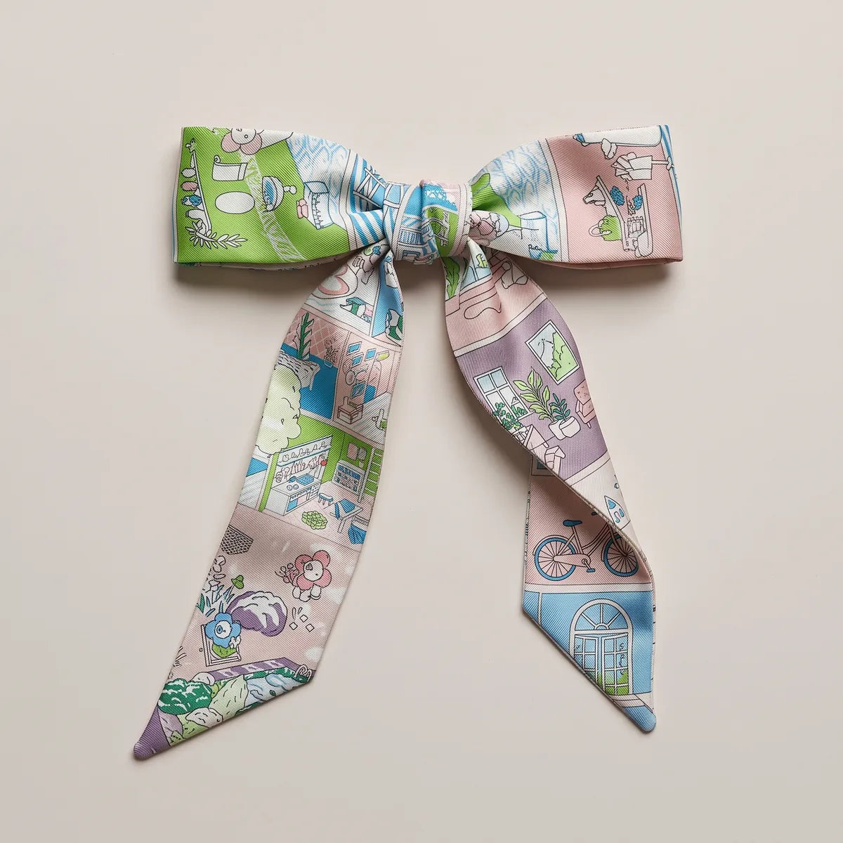 Pastel skinny silk scarf tied in a bow, a bicycle and an arched blue door on the right tail