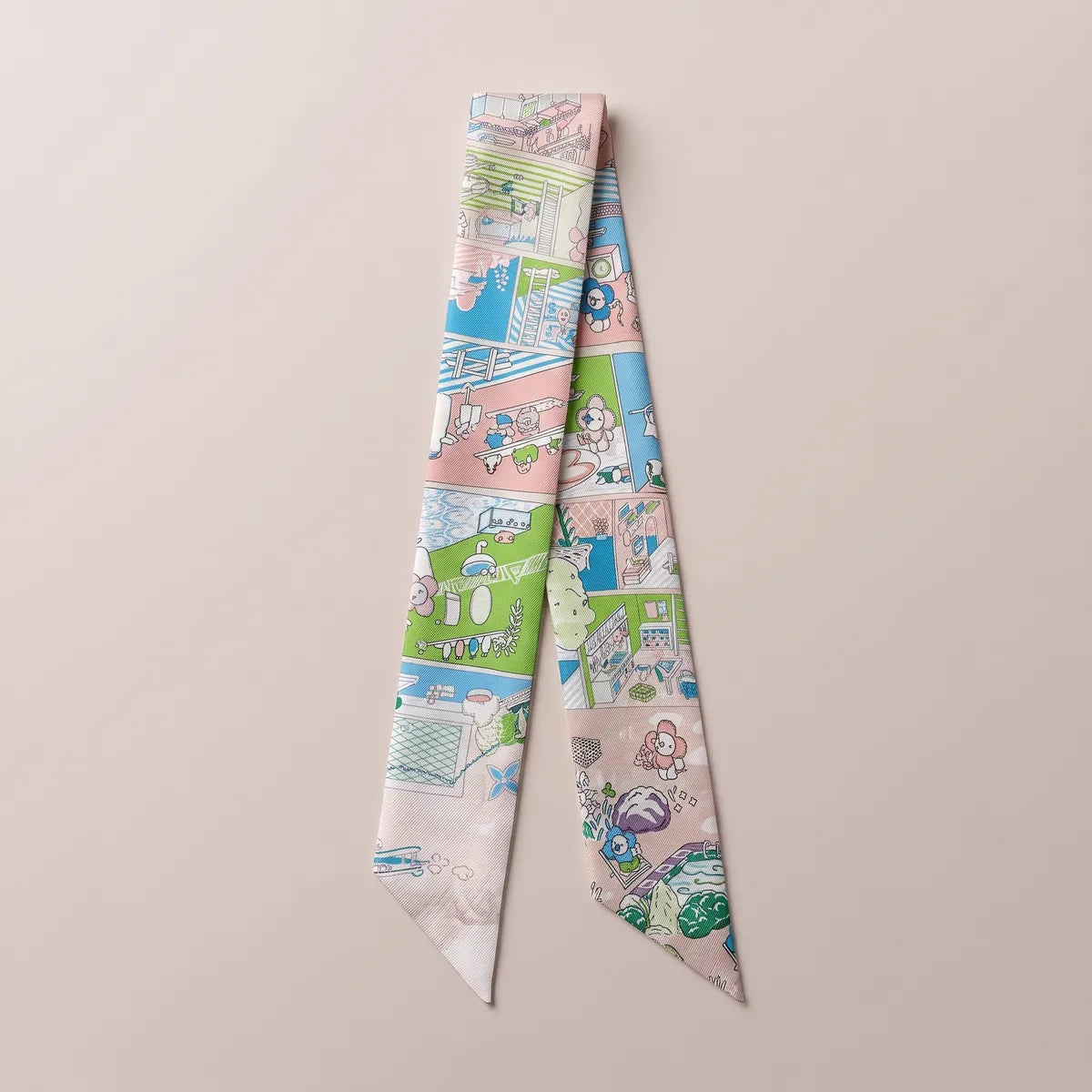 Pastel pink house print skinny silk scarf laid flat, room panels in blush, lime green and sky blue