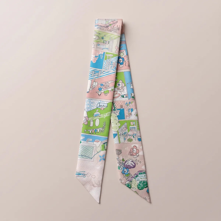Pastel Pink House Print Skinny Silk Scarf House Sketch