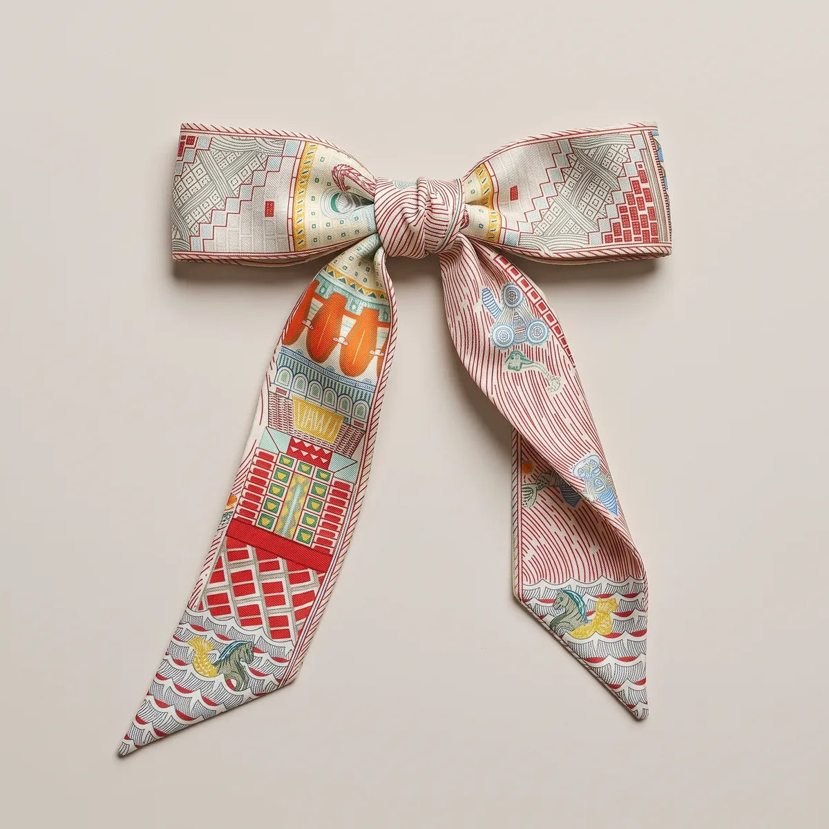 Pink and cream skinny silk and satin scarf tied in a flat bow, facades on both loops, houses on one tail and pink waves on the other