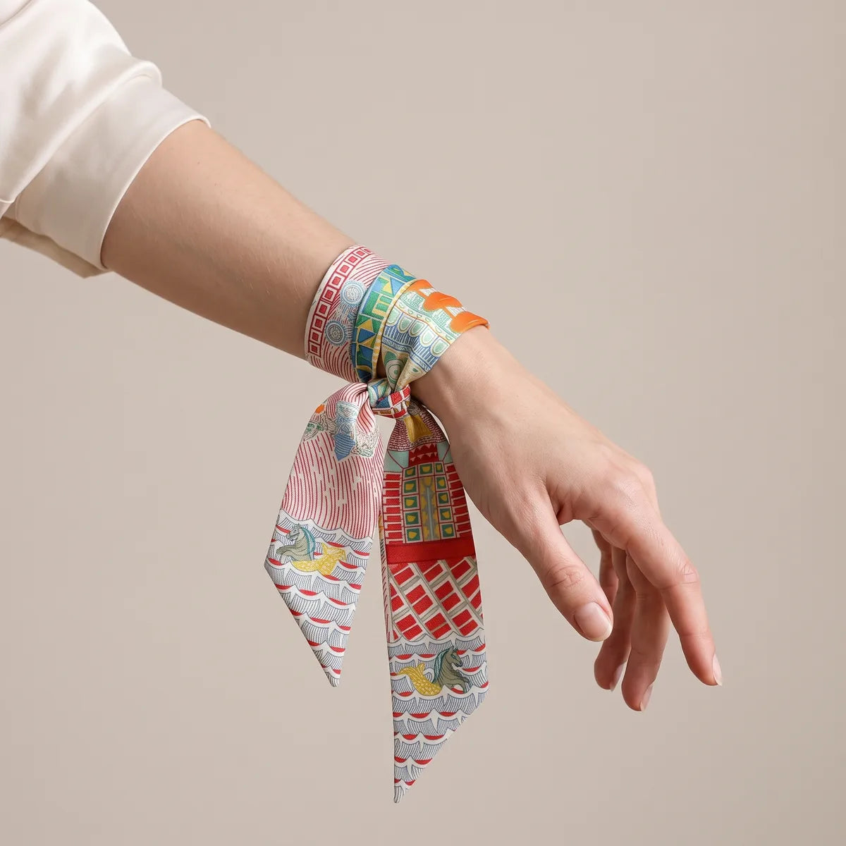 Pink skinny silk and satin scarf with a building print wrapped around the wrist and knotted