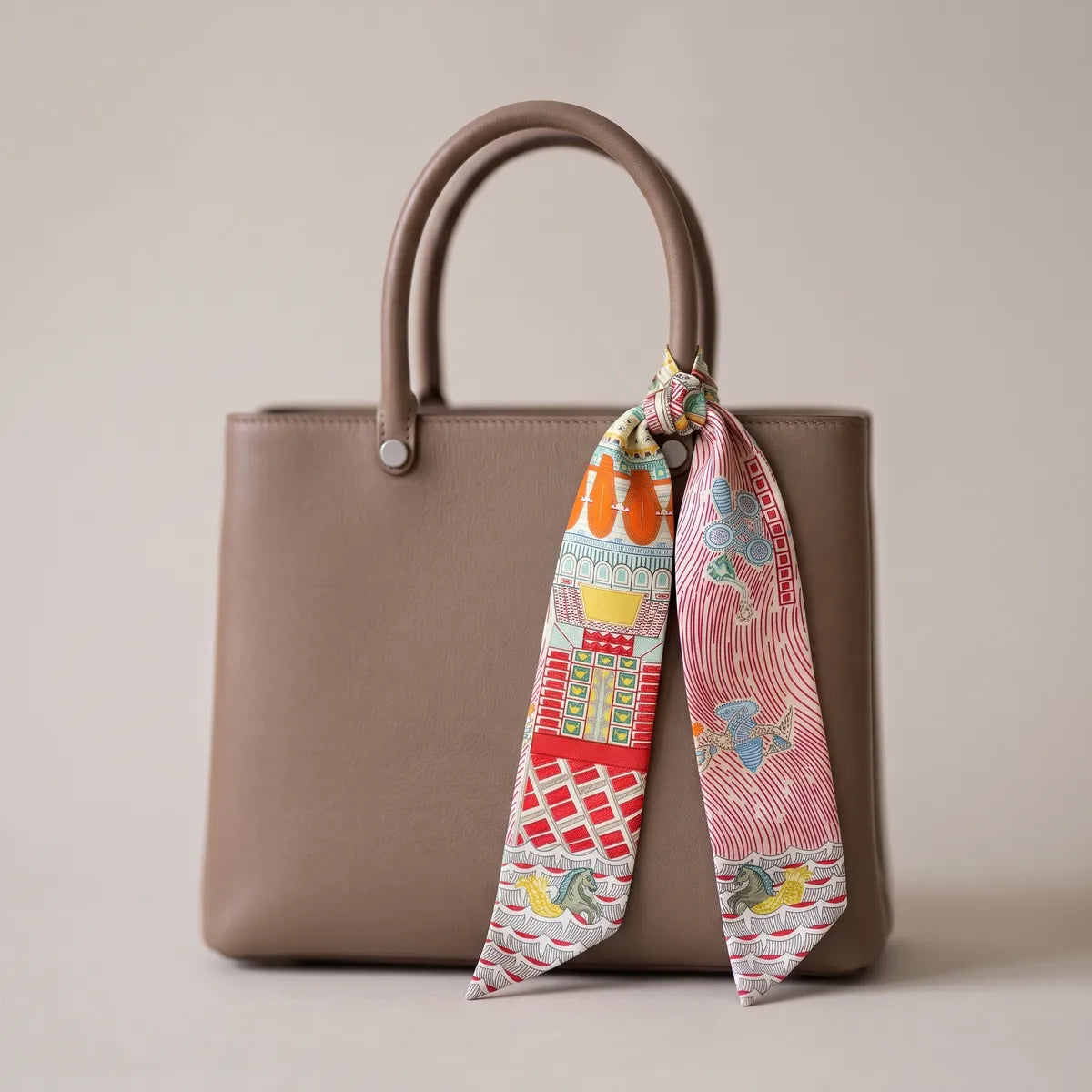 Pink architecture skinny silk and satin scarf tied on the handle of a taupe bag, houses on one tail