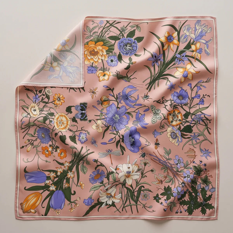 Pink Botanical Floral Silk Shawl Spring Bouquet