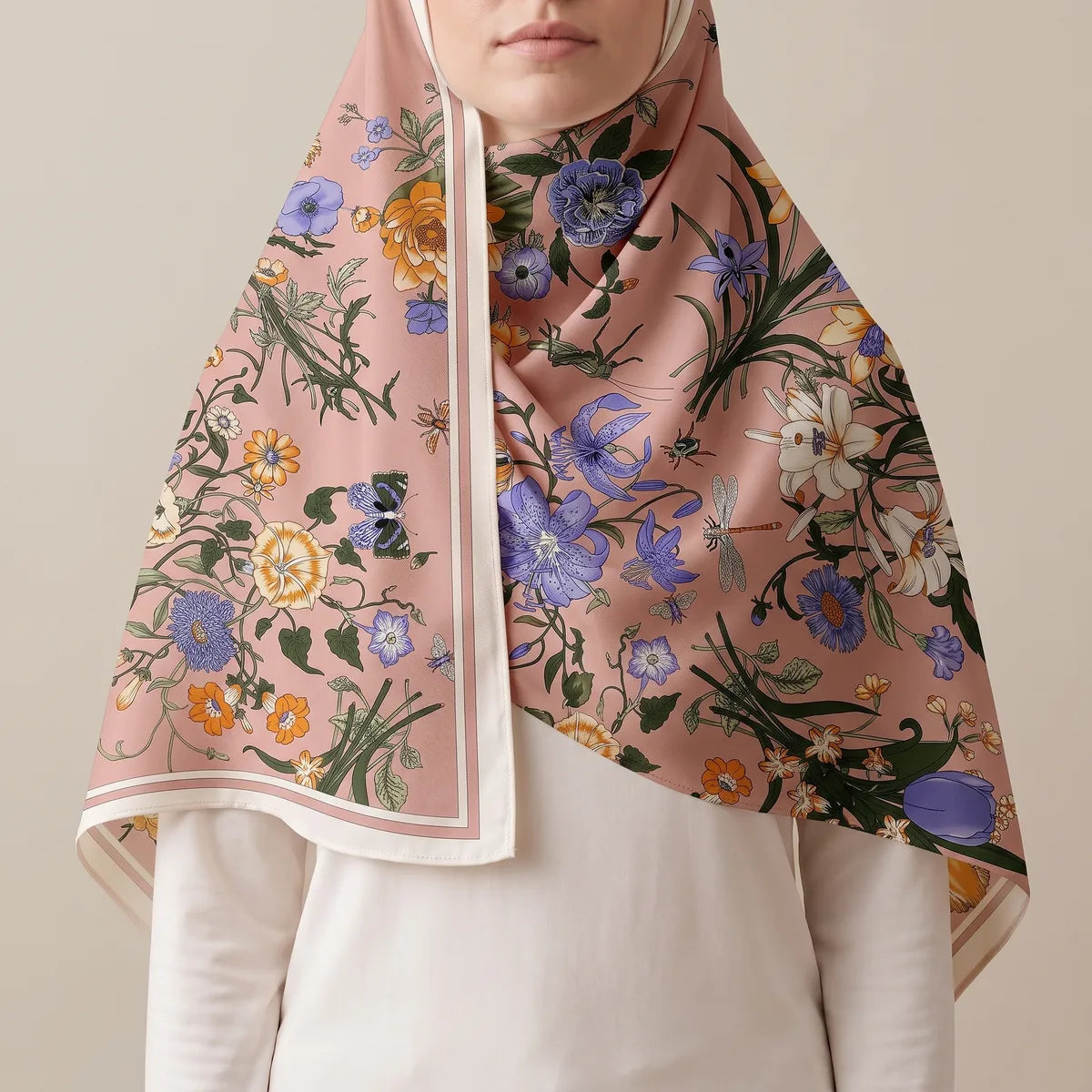 Pink floral silk shawl over the head like a hood, cream border around the face