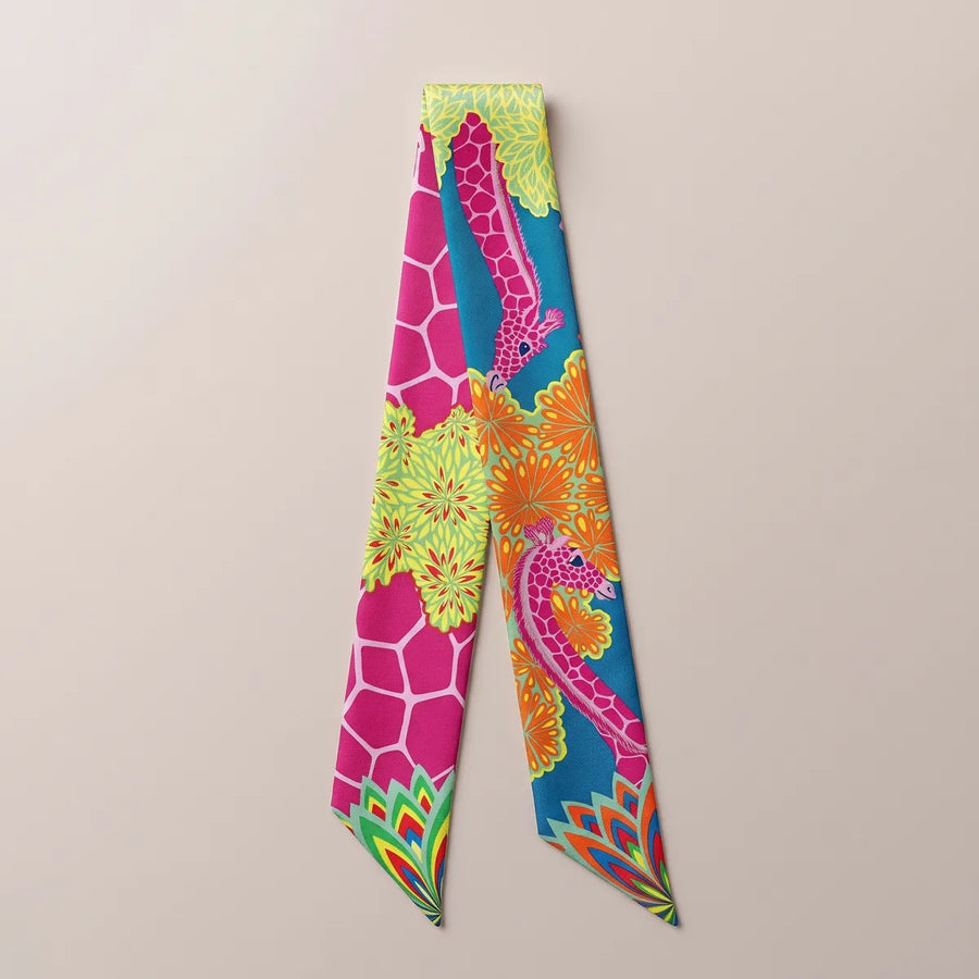 Pink Giraffe Print Skinny Silk Scarf Giraffe Garden
