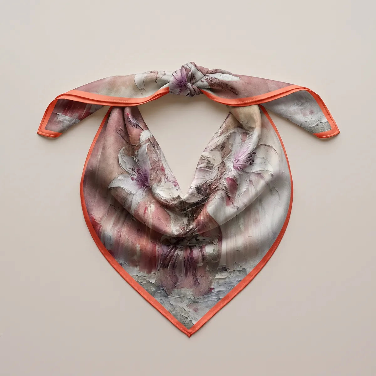 Silk bandana scarf with a painted lily print, knotted at the top and laid flat in a triangle with its coral edge