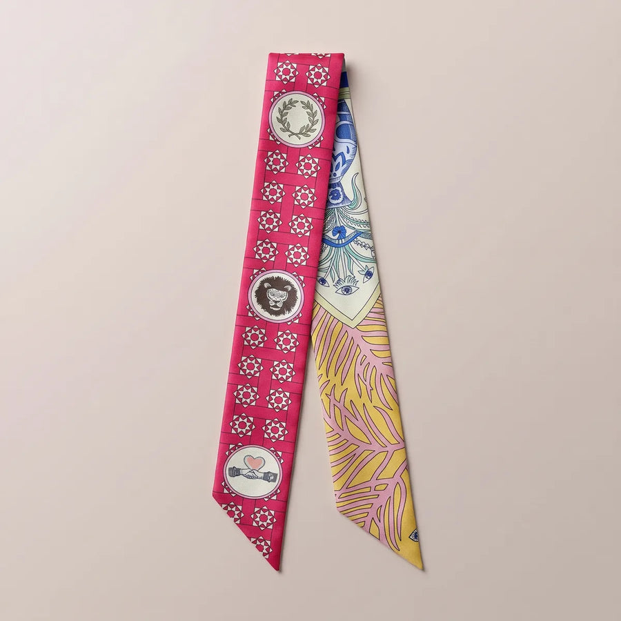 Pink Medallion Print Skinny Silk Scarf Lion Medals