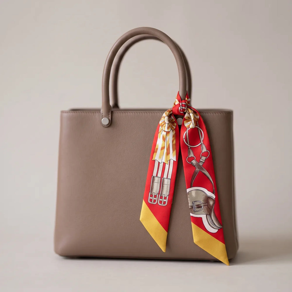 Red equestrian skinny silk scarf tied to one handle of a taupe tote, rosettes and saddle showing on the two tails