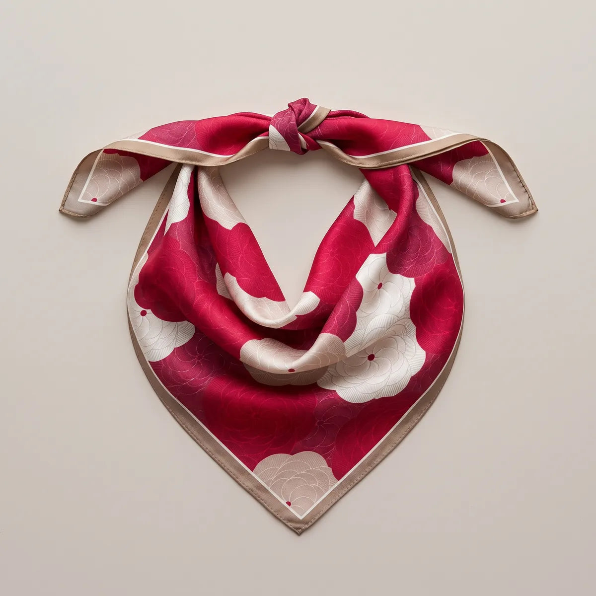 Raspberry bandana tied at its top corners and spread flat, cream flowers falling into the drape