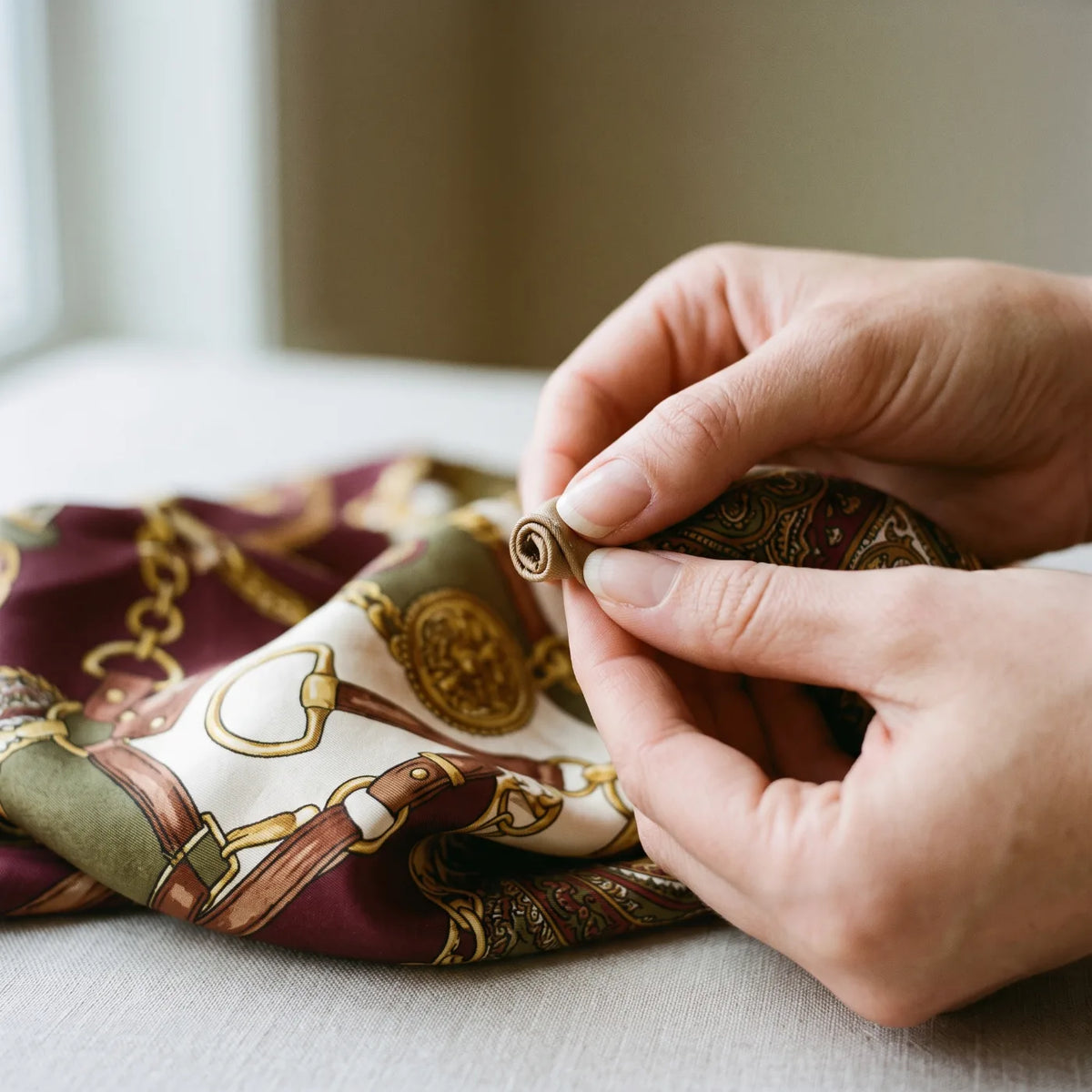 Close-up of fingers holding the rolled hem of a printed silk scarf