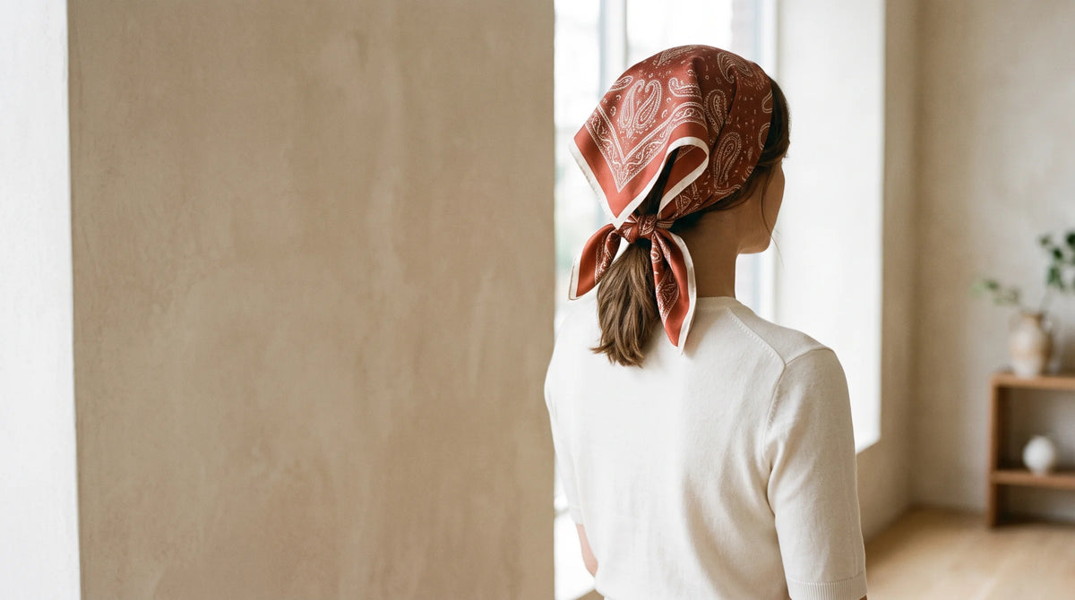 Woman wearing a rust paisley silk bandana tied over her hair, seen from behind