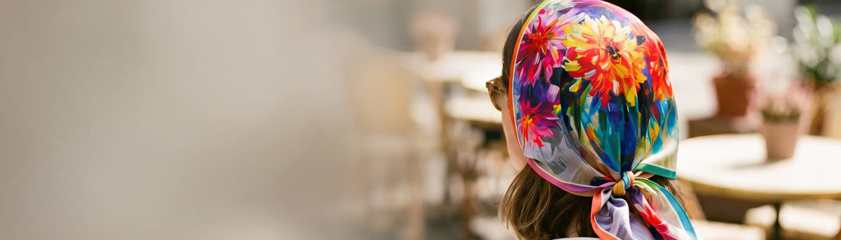 Floral silk bandana worn as a kerchief and knotted at the nape at a cafe terrace