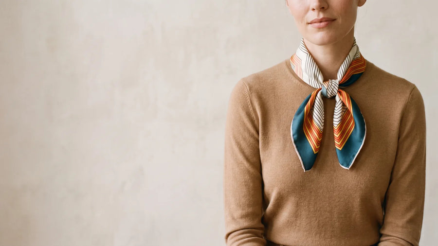 Small striped silk square tied in a front knot at the neck over a camel sweater
